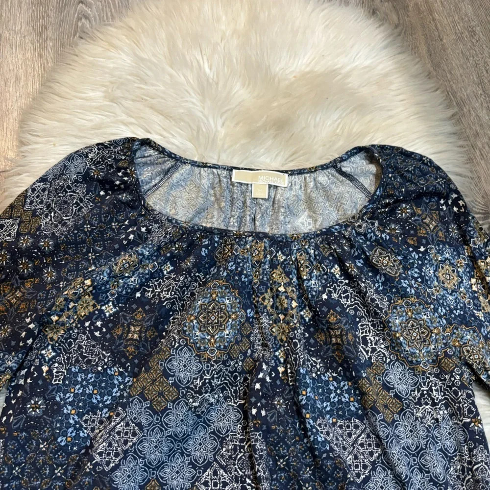 MICHAEL KORS Womens Blue Paisley 3/4 Sleeve Scoop Neck Top medium - Picture 5 of 10